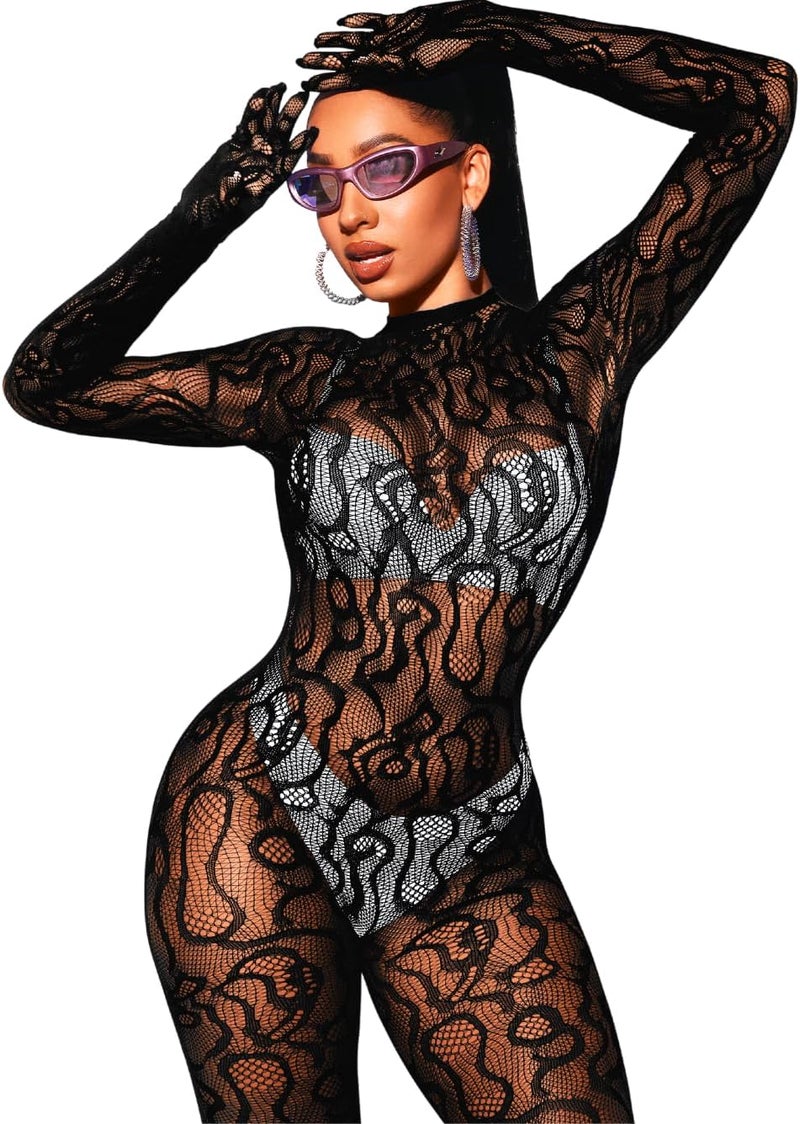 EHSUYAB Women Sexy Fishnet Full Bodysuit, Mesh Lace Poster Jumpsuit Glow Party Rave Outfits, Body Stockings Halloween Costume - Image 1